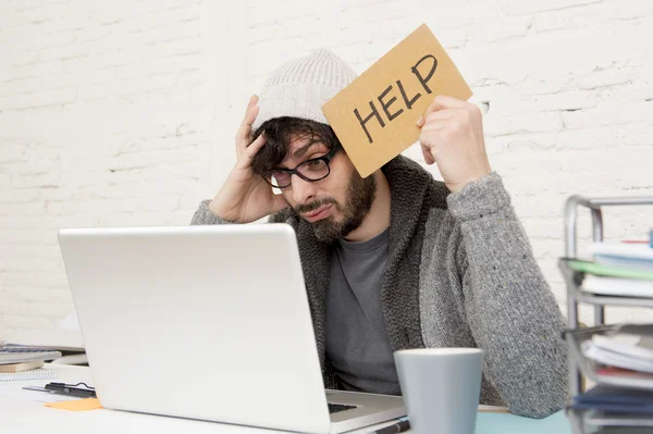 Young tired hispanic hipster businessman busy asking for help suffering stress — Stockfoto