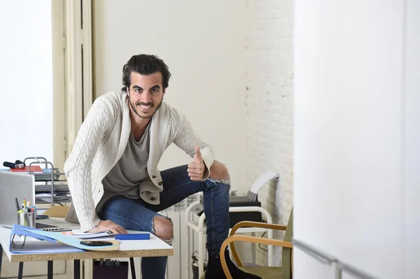 Handsome student or hipster trendy style businessman wearing battered denim jeans posing corporate — Stock Photo, Image