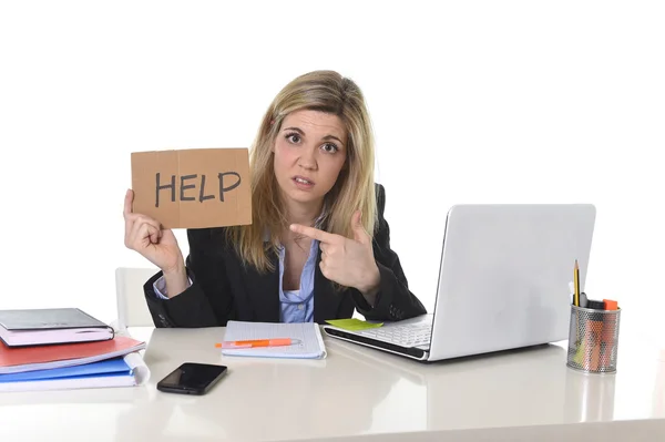 Young beautiful business woman suffering stress working at office asking for help feeling tired — Stock Photo, Image