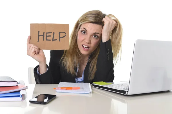 Young beautiful business woman suffering stress working at office asking for help feeling tired — Stock Photo, Image