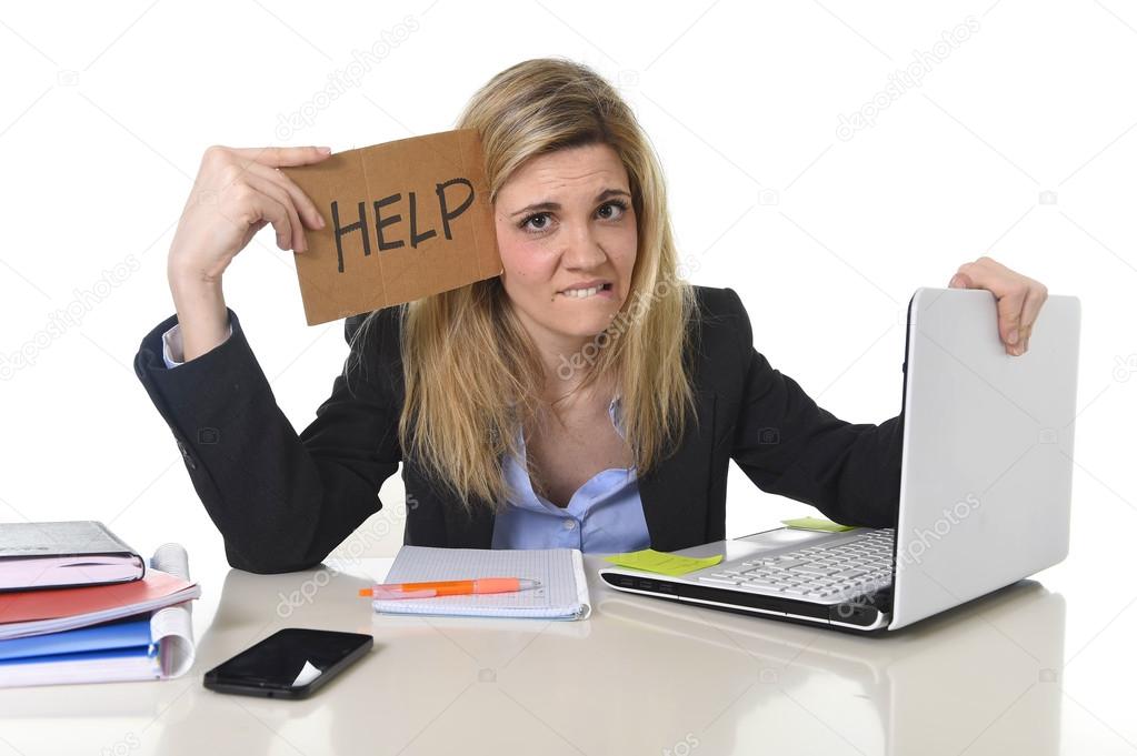young beautiful business woman suffering stress working at office asking for help feeling tired 