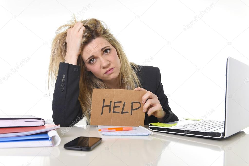 young beautiful business woman suffering stress working at office asking for help feeling tired 