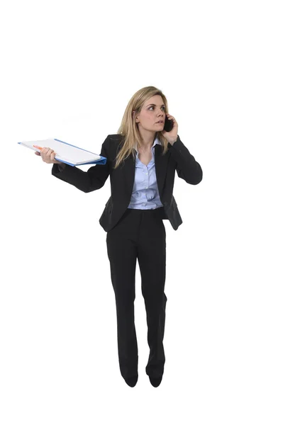 Blond haar zakenvrouw boos en stress praten op mobiele telefoon — Stockfoto