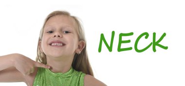 cute little girl pointing her neck in body parts learning English words at school clipart