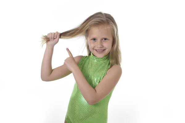 Cute little girl pulling blonde hair in body parts learning school chart serie — Stock Photo, Image