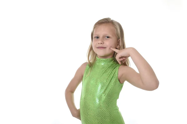 Cute little girl pointing her cheeck in body parts learning school chart serie — Stock Photo, Image