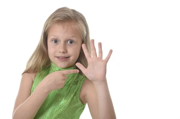 Cute little girl pointing her hand in body parts learning school chart serie — Stock fotografie