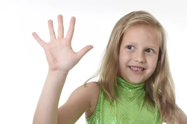 Linda niña mostrando la mano en partes del cuerpo aprendizaje gráfico de la escuela serie — Foto de Stock