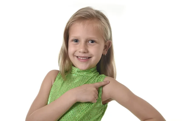 Cute little girl pointing her shoulder in body parts learning school chart serie — 스톡 사진