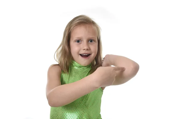 Cute little girl pointing her elbow in body parts learning school chart serie — Stock Photo, Image