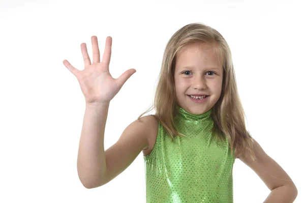 Cute little girl showing hand in body parts learning school chart serie — Stockfoto