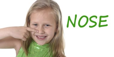 sevimli küçük kız okulda İngilizce kelimeler öğrenme vücut parçaları burnunu işaret