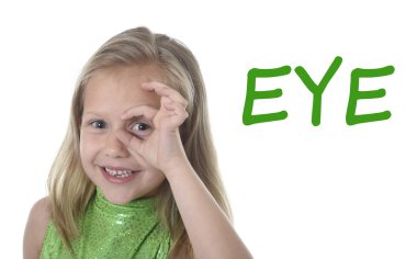 cute little girl circling eye in body parts learning English words at school clipart