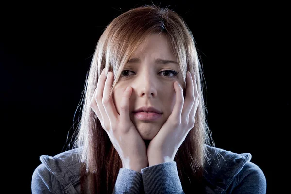 Teenager girl feeling lonely scared sad and desperate suffering depression bullying victim — Stock Photo, Image