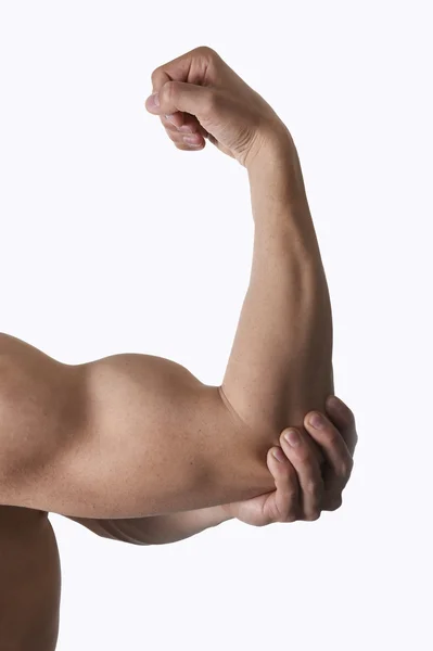 筋肉の体男体健康とスポーツ医療分野の痛みの痛み肘を保持 — ストック写真