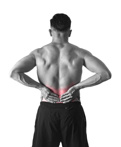 Young muscular body sport man holding sore low back waist are suffering pain in athlete stress — 图库照片