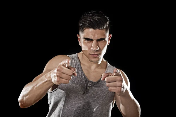 Young attractive sport man big strong athletic body pointing in join my fitness club gym concept — Stockfoto