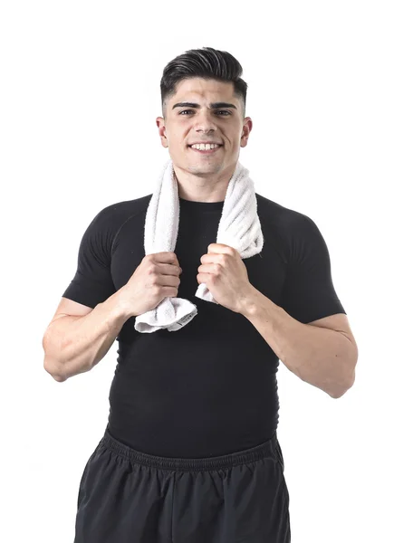 Attractive sport man with fit strong body holding towel around his neck with his hands smiling happy — Stock Photo, Image