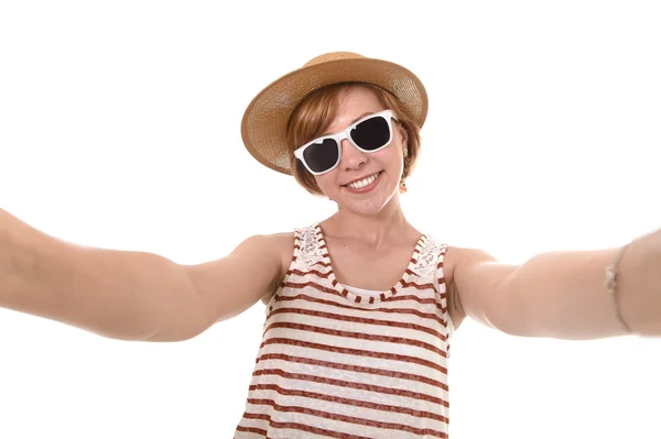 Young attractive girl taking selfie photo portrait with mobile phone with summer dress in chic trendy tourist look — Stock Photo, Image