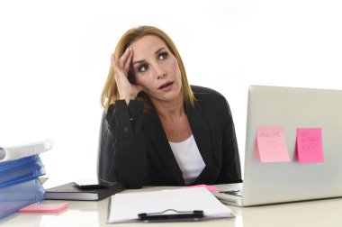 worried attractive businesswoman in stress working with laptop c
