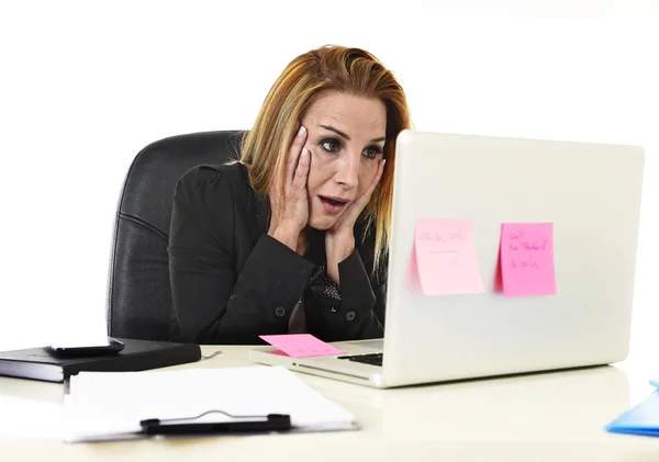 Worried attractive businesswoman in stress working with laptop c — Stok fotoğraf