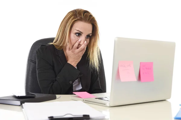 Worried attractive businesswoman in stress working with laptop c — Stok fotoğraf