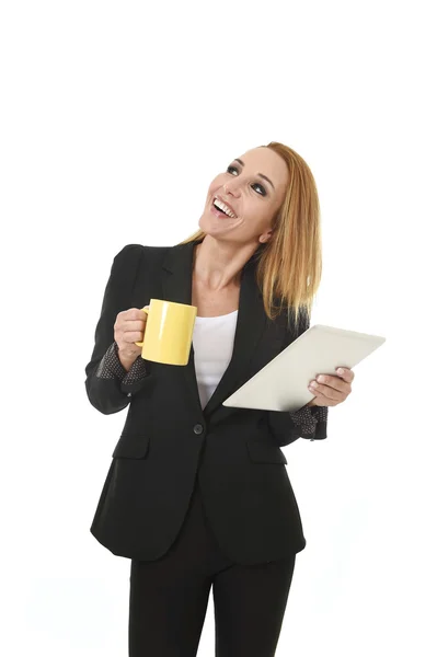 Attractive businesswoman holding digital tablet pad wearing business suit smiling happy looking thoughtfu — Stock Photo, Image