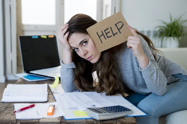 Young woman asking for help suffering stress doing domestic accounting paperwork bills — 图库照片