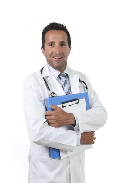 Corporate portrait of confident 40s attractive male medicine doctor with stethoscope with clipboard — Stock Photo, Image