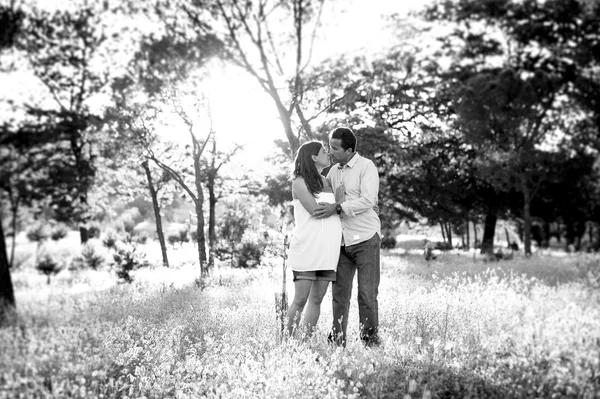 여자 임신 배 공원 풍경 석양에 함께 사랑에 젊은 행복 한 커플 — 스톡 사진