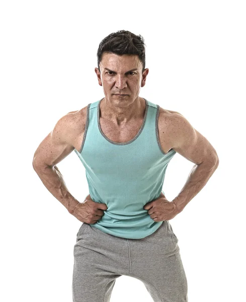 40s sport man and bodybuilder in strong cool attitude corporate pose wearing singlet — Stock Photo, Image