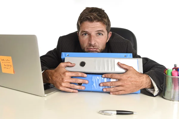 Tired wasted businessman working in stress at office laptop computer exhausted overwhelmed — Stock Photo, Image