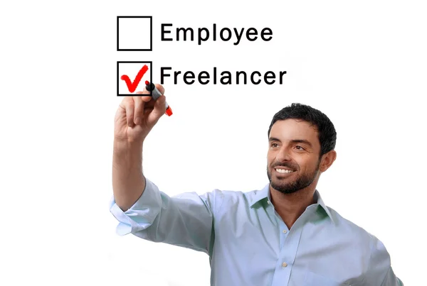 Businessman choosing freelancer to employee at formular ticking box with red marker — Stock Photo, Image