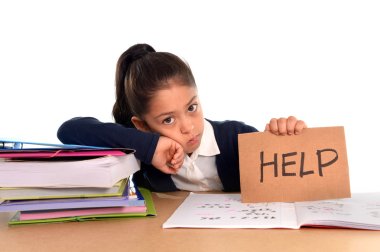 sweet little girl bored under stress asking for help in hate school concept clipart