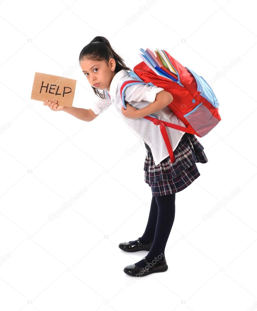 sweet little girl carrying very heavy backpack or schoolbag full of school material