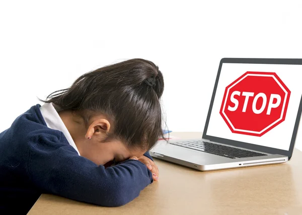 Hispanic sweet little school girl crying suffering internet bullying abuse — Stock Photo, Image