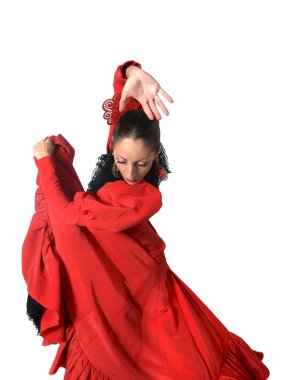young Spanish woman dancing flamenco in typical folk red dress clipart