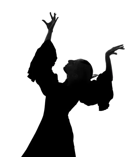 Silhouette einer spanischen Flamenco-Tänzerin, die Sevillanas tanzt — Stockfoto