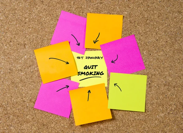 Yellow post it note on cork board and marker arrow as reminder of quit smoking — Stock Photo, Image