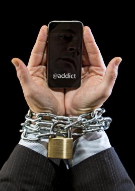 Hands of businessman addicted to work chain locked in mobile phone addiction clipart