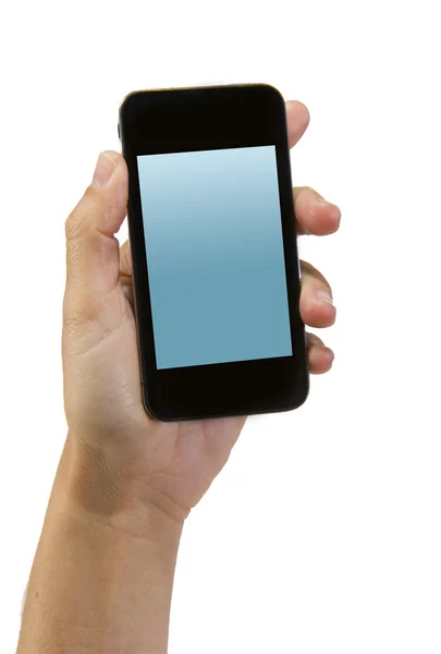 Hand van de mens bedrijf moderne smartphone of mobiele telefoon met leeg scherm als kopie ruimte — Stockfoto