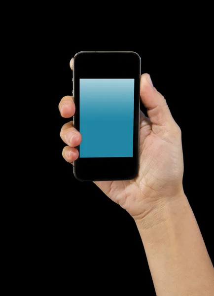 Hand of man holding modern smartphone or cell phone with blank display screen as copy space — Stock Photo, Image