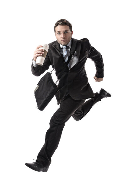 young attractive businessman with take away coffee running late to work  in stress