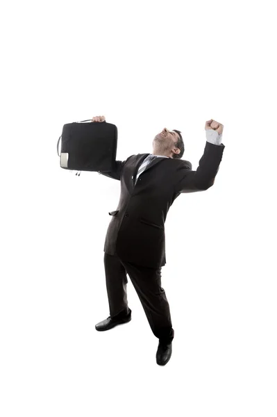 Mladý podnikatel šťastný a nadšený, drží kufr slaví propagace a úspěch v práci — Stock fotografie