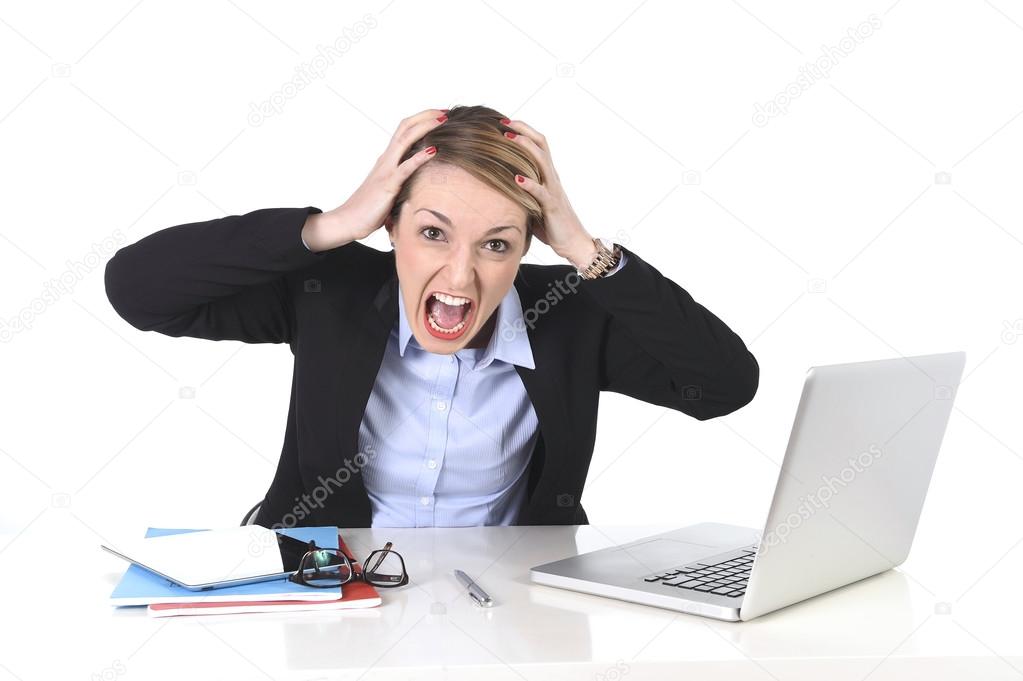 attractive businesswoman frustrated expression at office working