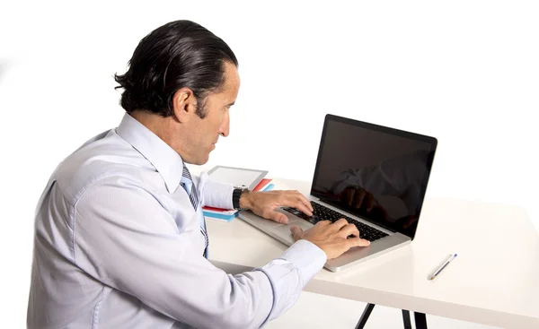 Senior confident businessman working at computer office desk isolated on white background — Stock Photo, Image