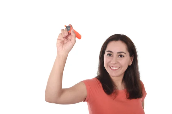 Happy Latin woman writing with marker as copy space in text addition concept — Stock Photo, Image