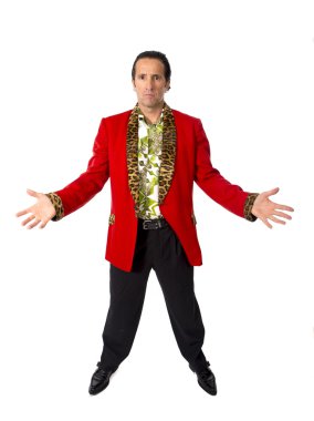 Funny rake playboy and bon vivant mature man wearing red casino jacket and Hawaiian shirt standing happy posing gigolo alike clipart