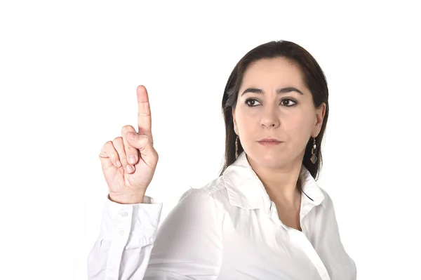 Jonge succesvolle zakenvrouw wijzen met vinger ruimte kopiëren — Stockfoto