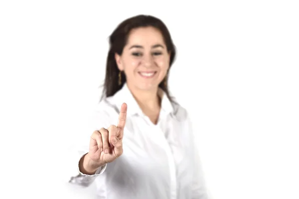 Jonge succesvolle zakenvrouw wijzen met vinger ruimte kopiëren — Stockfoto